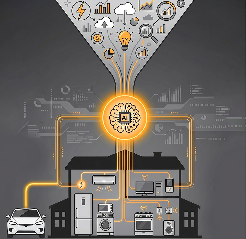 Solution architecture infographic — data flows into AI for home energy management
