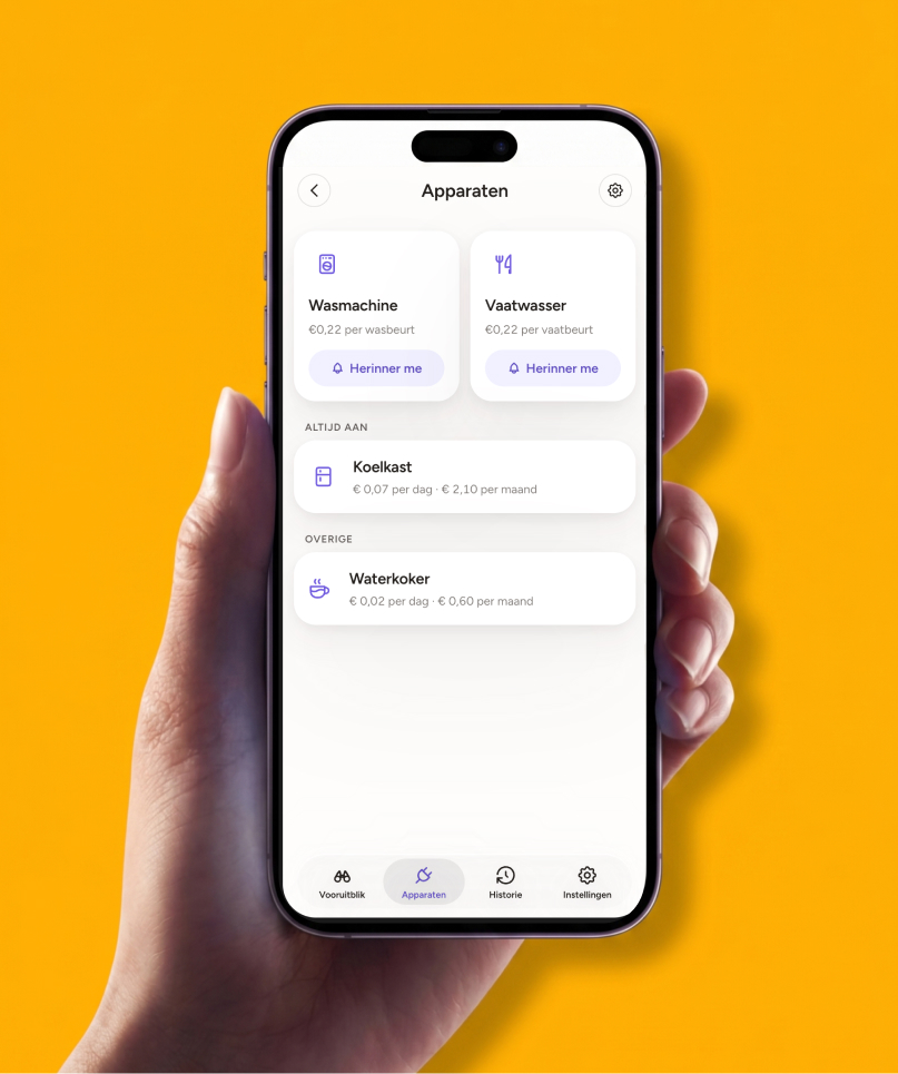 Mobile app mockup showing appliance-level energy insights in Dutch
